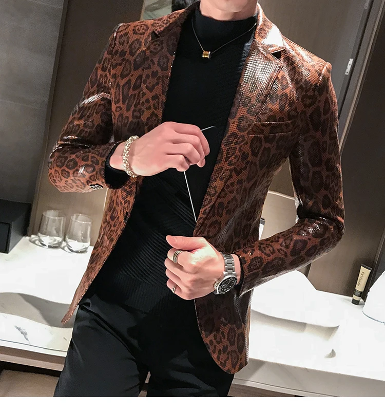 Autumn Leopard Print Mens Blazer Skin Suit Jacket Leather Stage Costumes For Singers Loose Coat Blaser Homens Terno Masculino