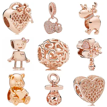 

Simple Style Rose Gold/Gold Color Hollow Heart Flower Charms Beads Fit Pandora Bracelets Bangles Making Jewelry Birthday Gifts