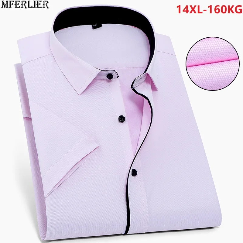 

MFERLIER summer men Pink shirts short sleeve 10XL 5XL 8XL 9XL 12XL 14XL large size big dress shirt mens business formal shirt 68