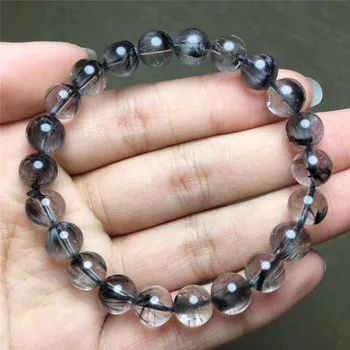 

8.5mm Natural Brookite Platinum Silver Rutilated Quartz Bracelet Round Beads Woman Man Love Lucky Gift Crystal Stretch Jewelry