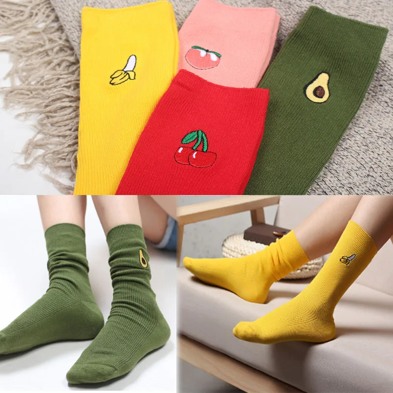 

Sale 2018 Harajuku Embroidery Fruit Print Women Socks Kawaii Cotton Girls Long Socks