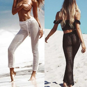 

New Women Sexy Fishnet Long Pants Beach Cover Up Lace Wide Leg High Waist See Through Trousers Bathing Beachwear