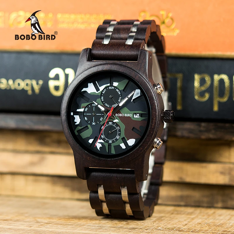 BOBO BIRD Men Wooden Watches Luxury Stylish erkek kol saati Week Display Wristwatches Military Chronograph With Gift Box V-R17