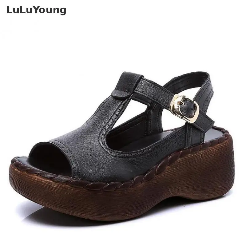 

Genuine Leather Open Toe Wedges Sandals Women Platform High Heel T Strap Shoes Sy-2818