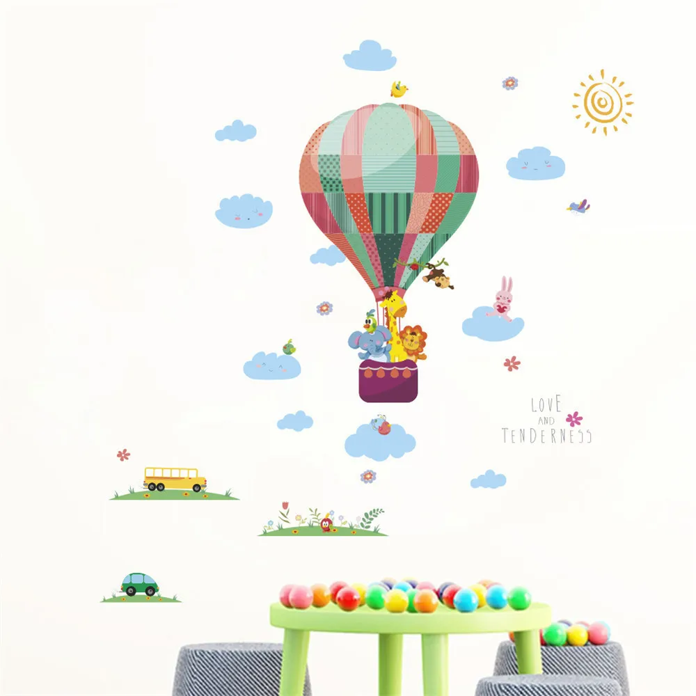 Fashion Grass Hot Air Balloon Small Animal Painting Home Bedroom Living Room Decoration Art Wall Sticker Mural Wallpaper