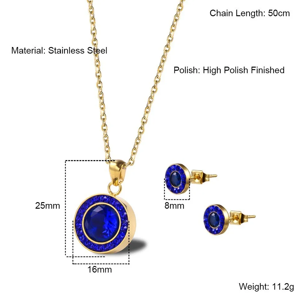 RIR модный минималистичный Круглый с синим кристаллом ювелирный набор серебряное Золото Нержавеющая сталь изящное круглое ожерелье и серьги-гвоздики