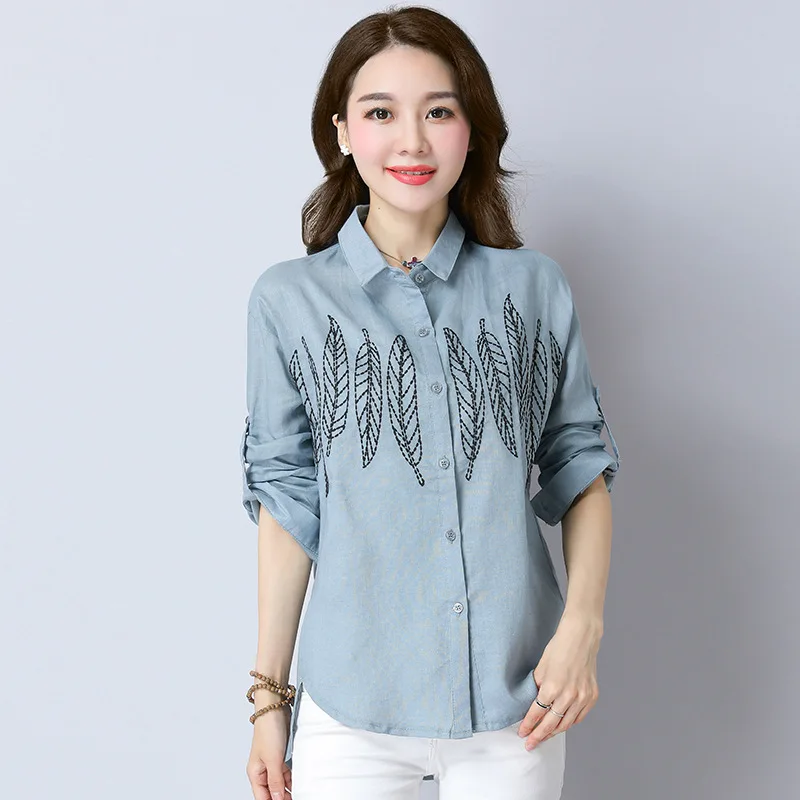 Ramie shirt autumn for women embroidery solid color full sleeves Turn ...