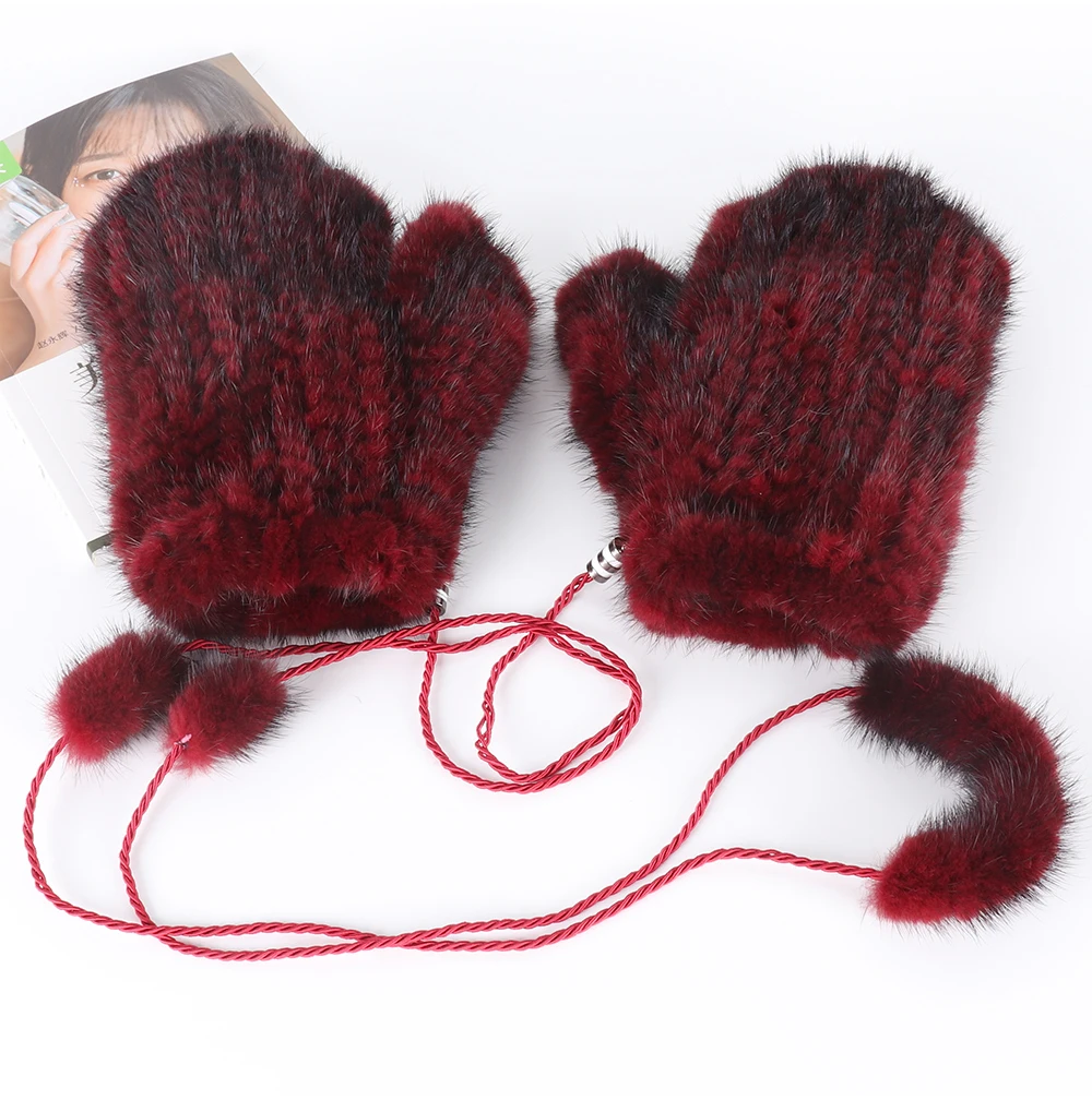 Русские женские перчатки из натурального меха норки, милые женские перчатки из меха норки, зимние теплые мягкие вязаные варежки из натурального меха