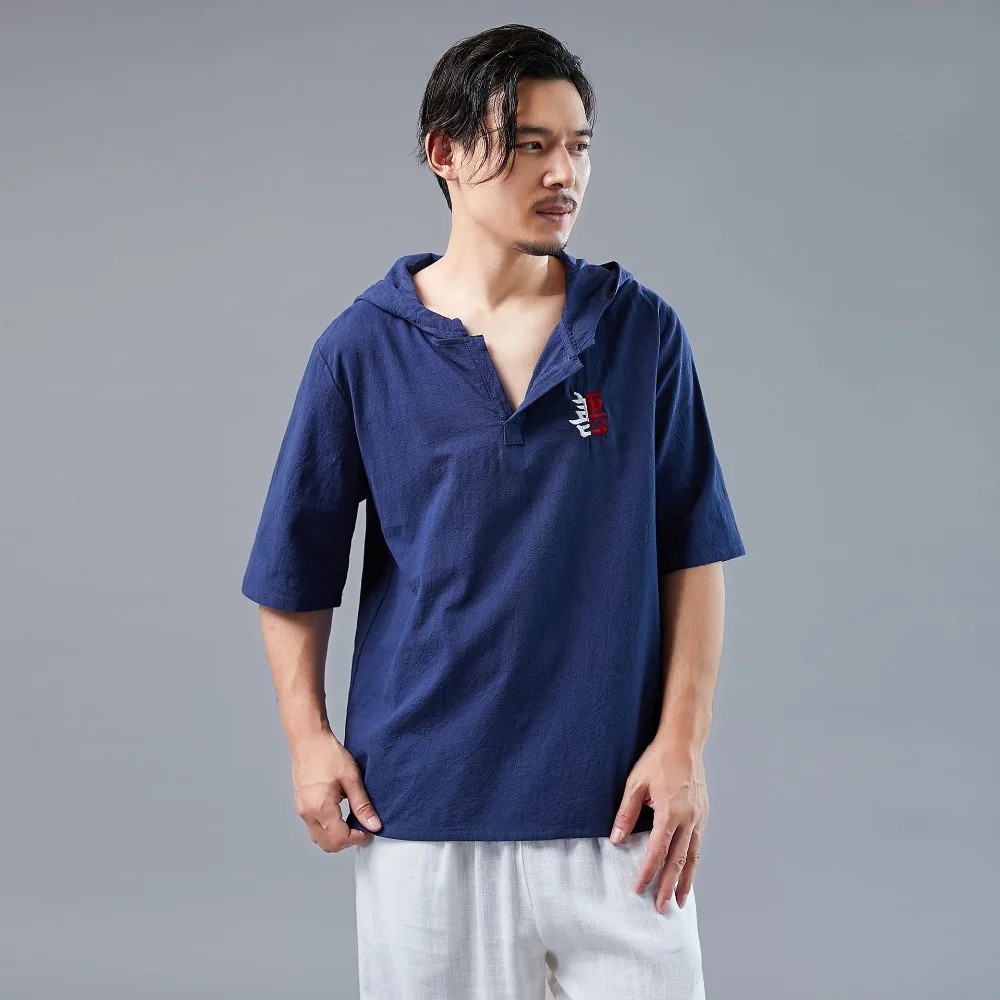 LZJN 2019 Men's Shirt Summer Style Hooded Short Sleeve Blouse Top Men New Casual Embroidery Cotton Linen Shirt Camisas De Hombre (22)