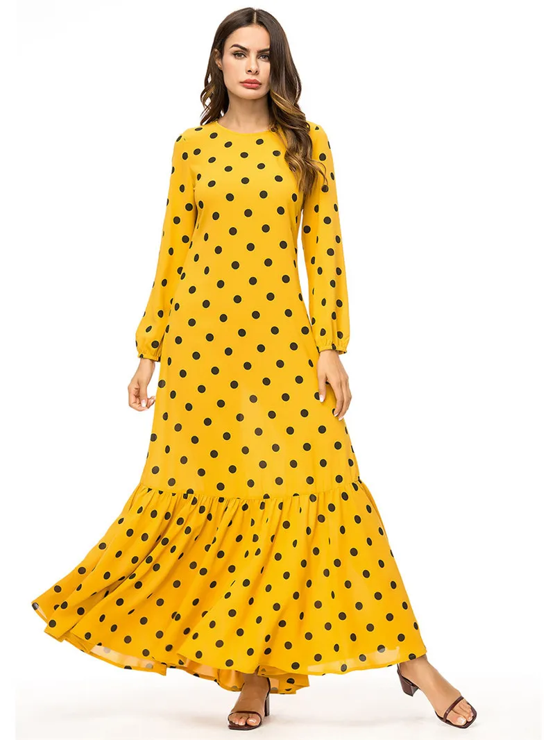 Abaya мусульманское платье макси Dot желтый одеяние мусульмане Longue ислам Дубаи мусульманский скромное платье