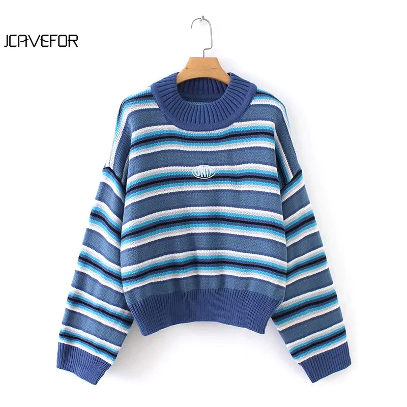 

Winter Spring Women Harajuku Sweater Blue & White Striped Jumper Embroidered Cropped Knit Oversized Sweater Pullovers