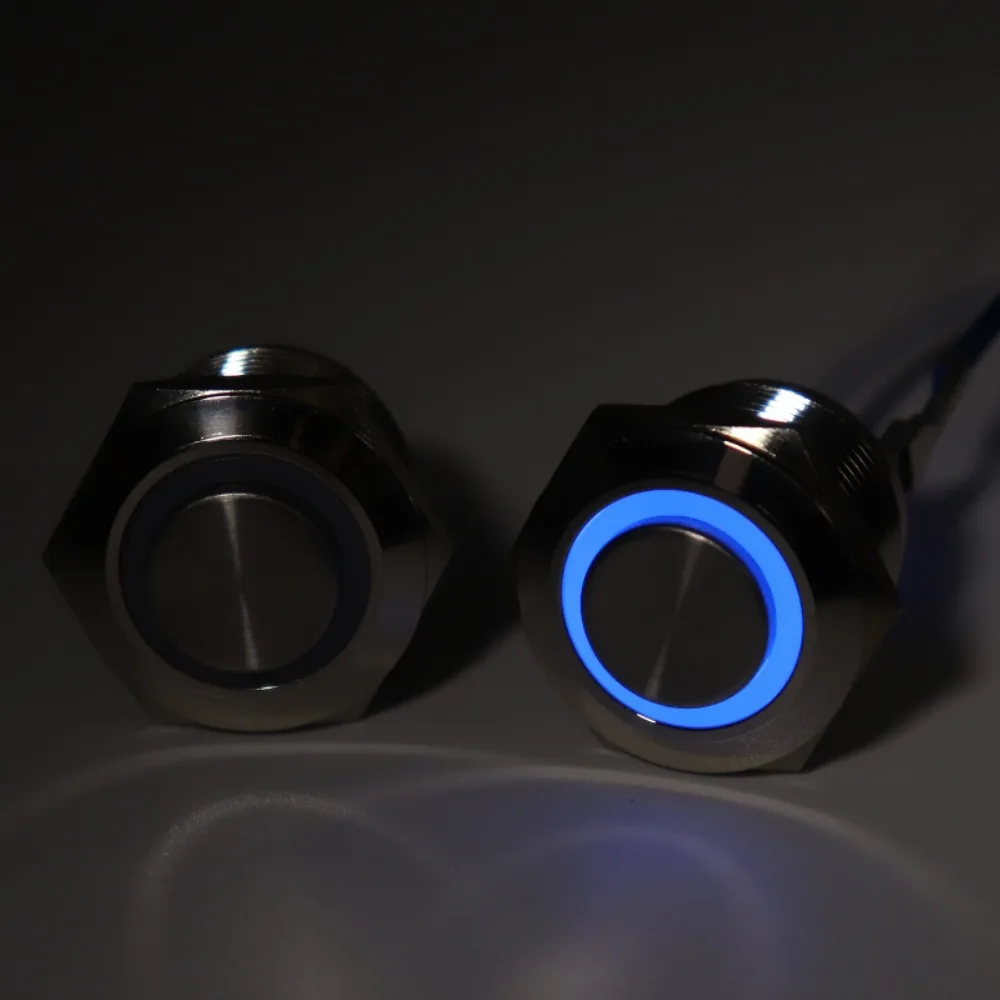 

19mm metal push button waterproof nickel plated brass switch high head Round shape momentary self reset 1NO 12v blue