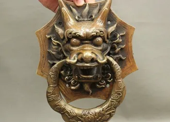 

YM 316 10" Old Chinese FengShui Bronze Copper Exorcism Dragon Head Door Knocker Statue