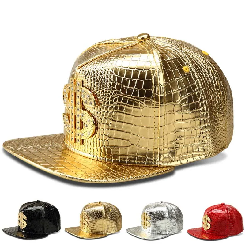 

New Gold Bling Dollars Symbol Hip Hop Baseball Cap PU Leather Unisex Rapper Rock Alligator Pattern Hats Snapback Hat Men's Gift