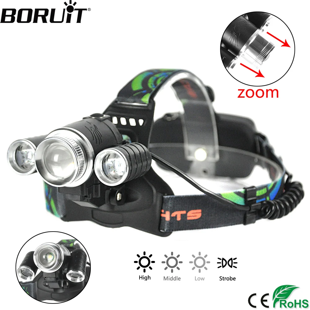 buy BORUiT 30000LM T6+2*XPE LED Headlamp 4 Mode Zoom Headlight Rechargeable Head Torch Camping Hunting Flashlight Bicycel Light