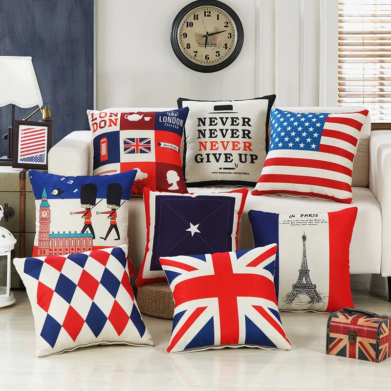 

Pillow Case UK USA Flag Paris Pillowcases Sofa Cushion Cover Letter Pattern Home Chair Seat Decorative 45*45CM
