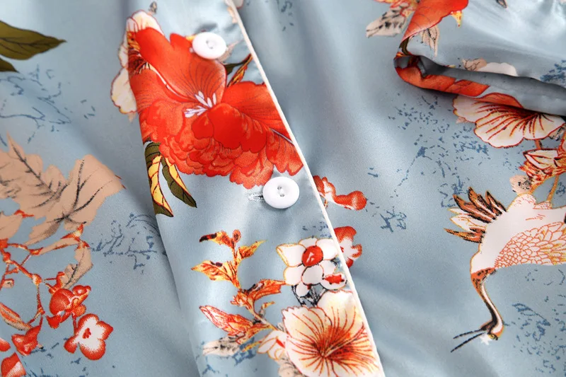 Пижама для Для женщин шелковые с цветочным принтом одежда с длинным рукавом рубашка блузка+ Наборы с длинными брюками Пижама домашняя одежда для сна