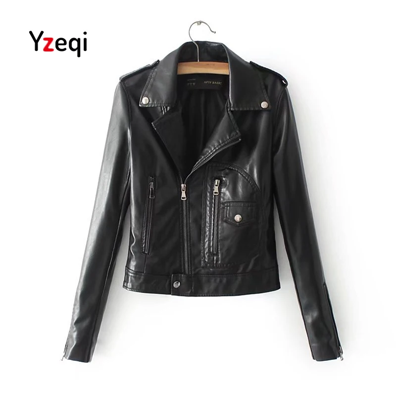 Yzeqi Spring Autumn Slim Short Pu Biker Faux Leather