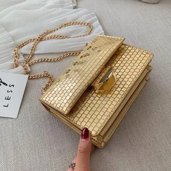 

PU Leather Plaid Bag for Women 2020 Luxury Handbags Women Bags Designer Fashion Chains Small Shoulder Crossbody Bag Gold Silver