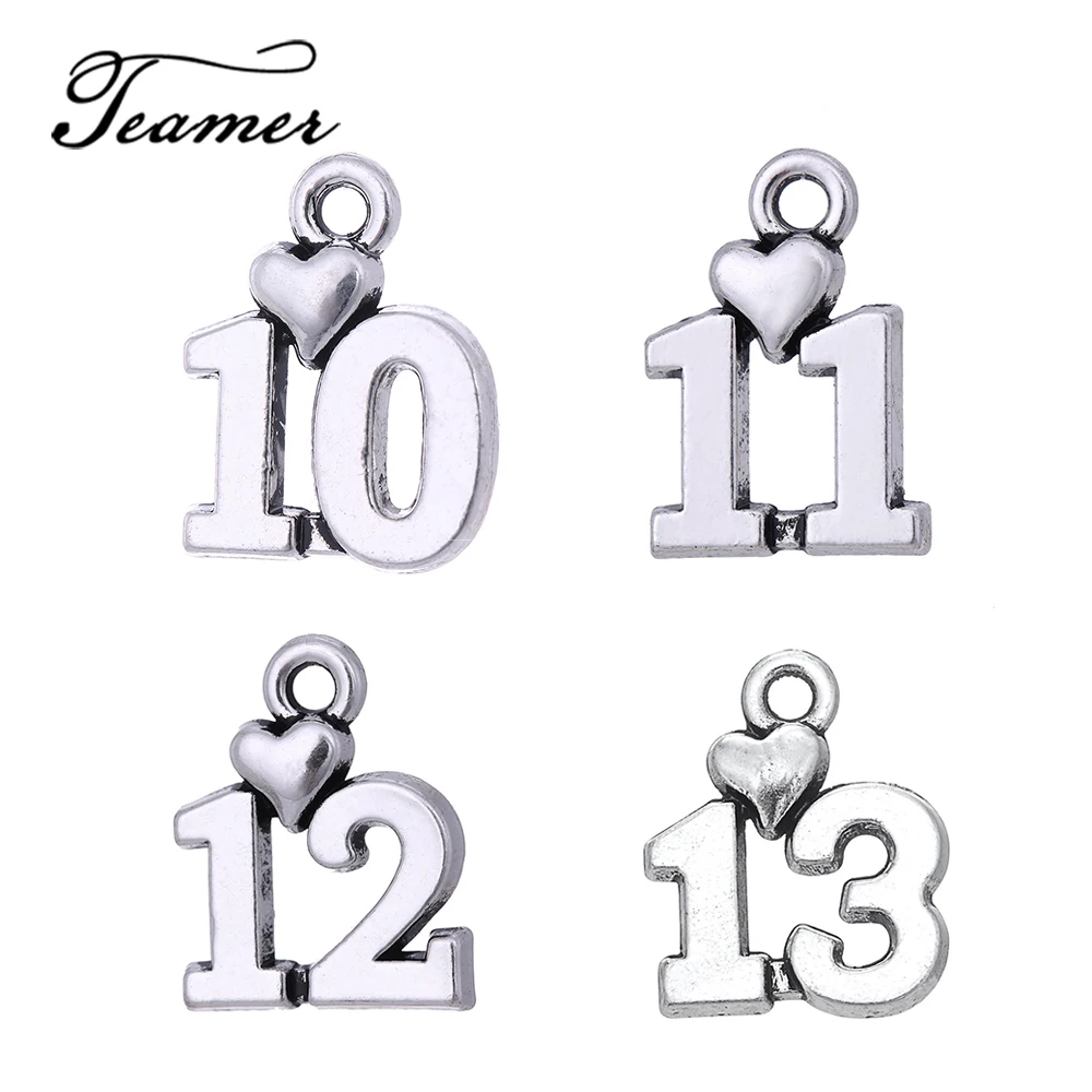 Teamer 20pcs/lot 10 11 12 13 Heart Numbers Charm Pendant Commemorative