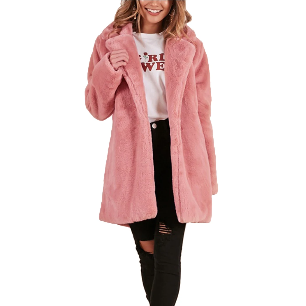 Winter Women Long Faux Fur Coat Thick Plush Outerwear Turn Down Collar Female Hairy Furry Overcoat Plus Size Manteau Femme Hiver