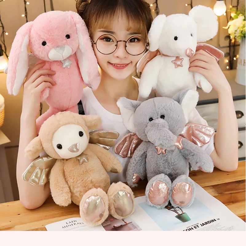 

fluffy soft animal dolls 40cm stuffed brown lamb white mouse pink rabbit and grey elephant plush toys with glitter angel wings