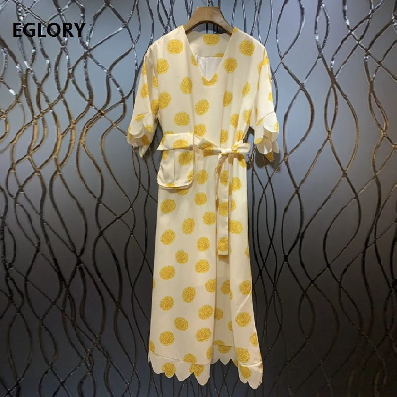 

New Korean Fashion Summer Dress High Quality Women V-Neck Yellow Polka Dot Print Single Pocket Patchwork Short Sleeve Midi Dress