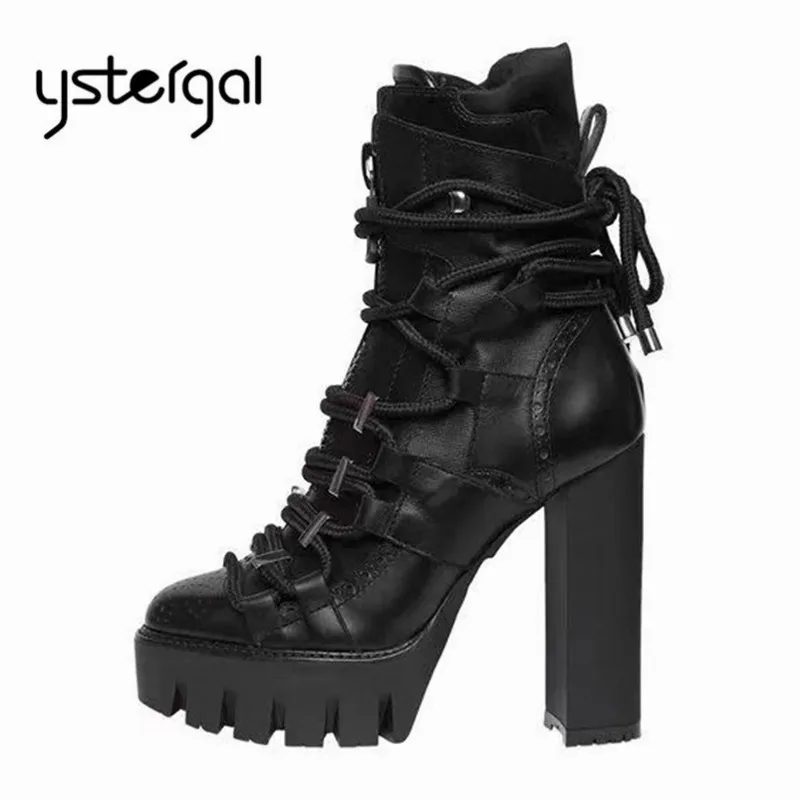 

Ystergal 2019 New Genuine Leather Women Ankle Boots 12CM Chunky High Heels Lace Up Women Platform Pumps Autumn Botas Mujer