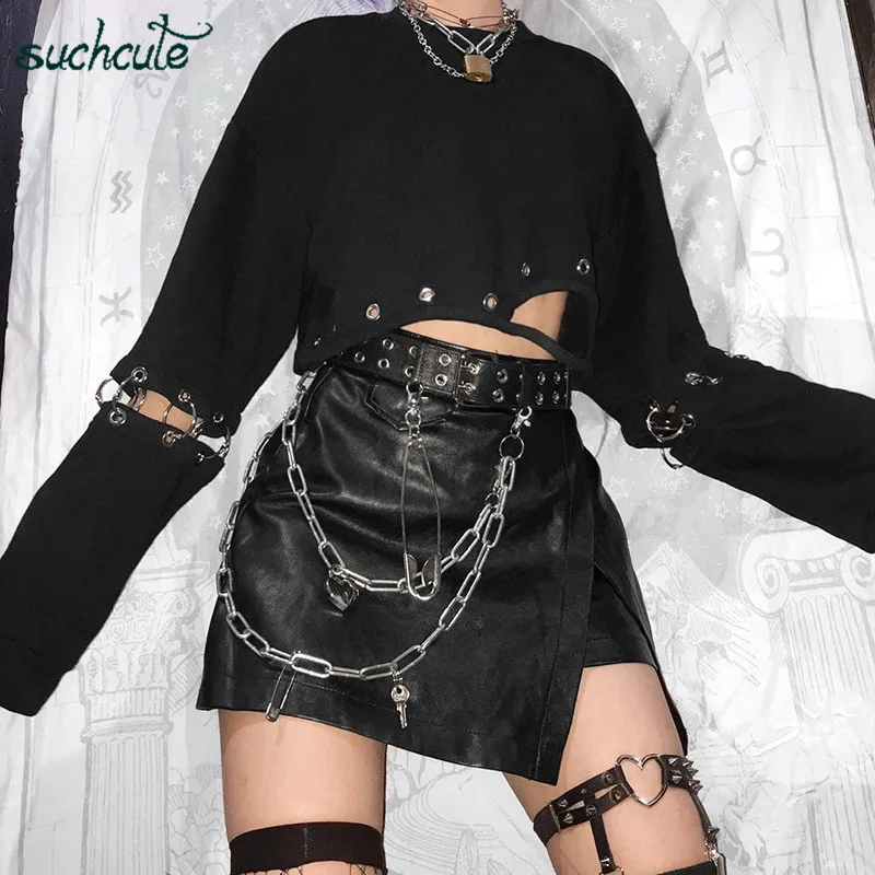  SUCHCUTE Female T-Shirt Metal Chain Patchwork 2019 Summer Gothic Modis Harajuku Korean Party Club T