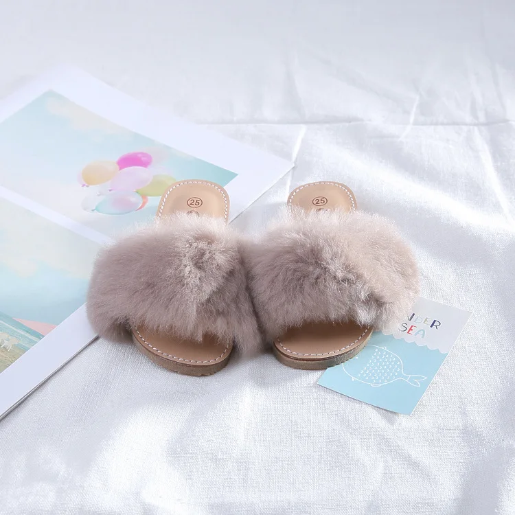 New Spring Plush Slippers Girls Slippers Real Rabbit Fur Shoes Open Toe Slippers All-match Childrens Shoes Summer Home Slippers