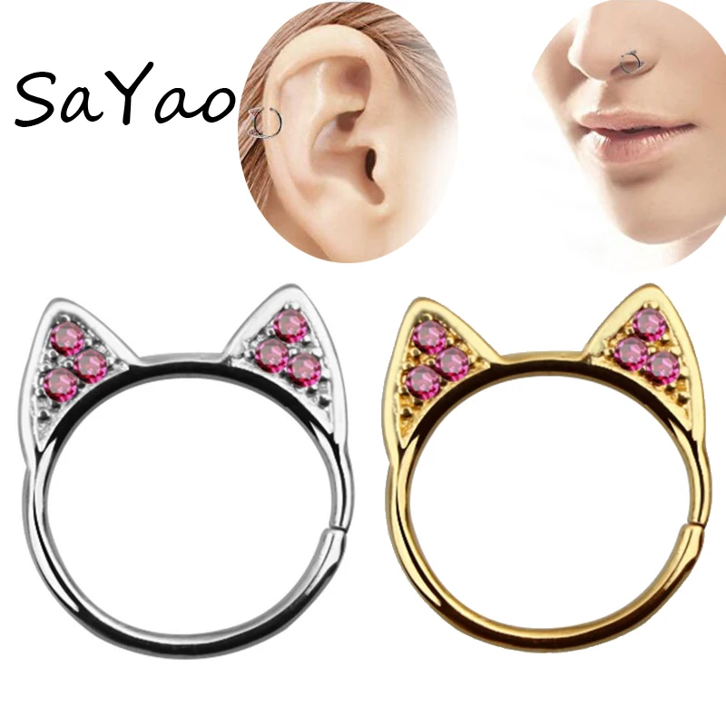 

SaYao 16G 1.2mm Sexy Cat Earring Nose Piercing Helix Crystal Cat Anodized Seamless Endless Tragus Cartilage Hoop Ring