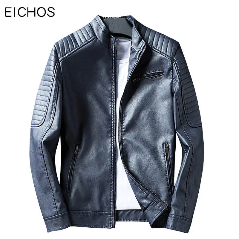 EICHOS Mens Leather Bomber Jackets Fashion Blue Red Motocycle Jacket Leisure Men's Spring Autumn Slim Leather Jacket For Men