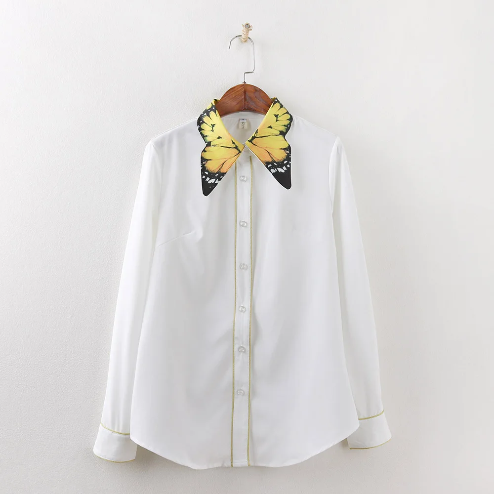 Fashion stamp butterfly collar women white blouse long sleeve elegant