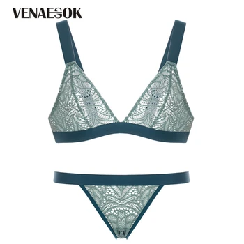 

Green Embroidery Brassiere Wire Free Bra Set Transparent Triangle Cup Bras Plus Size XL Lingerie Set Women Sexy Underwear Lace