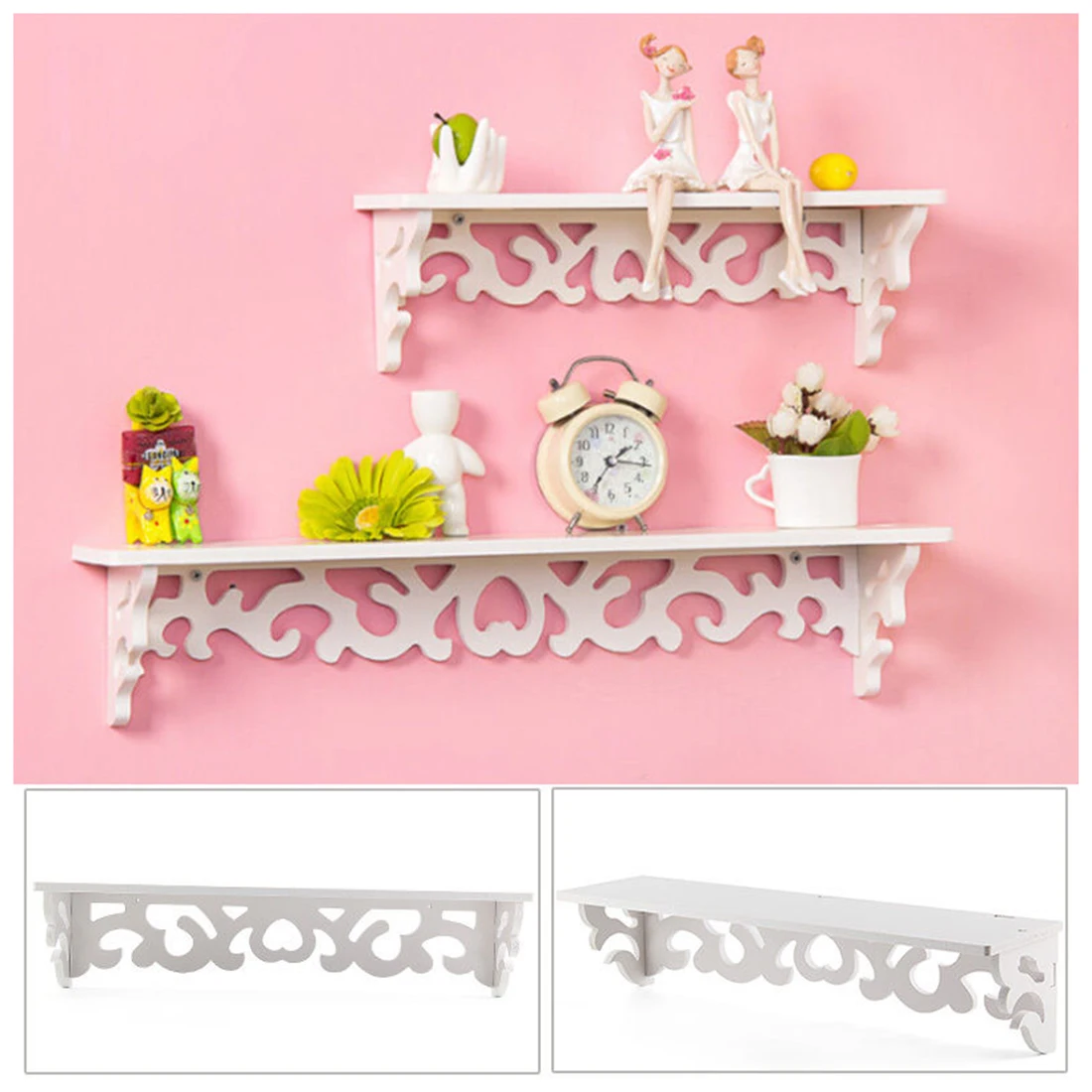 Set of 2 White Shabby Chic Filigree Style Shelves Cut Out Design Wall