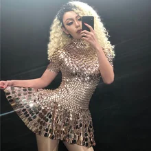 Блестящее Серебряное платье с зеркалами и камнями; яркое боди-костюм для певицы и танцовщицы; цельное платье для ночного клуба; Платья для вечеринок