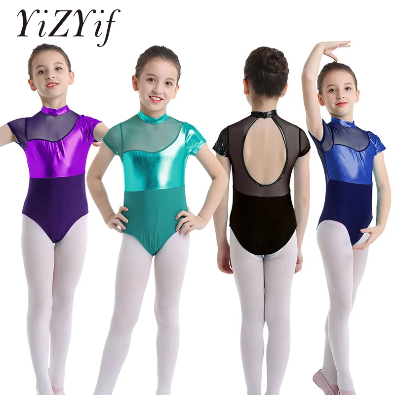 Girls Kids Shiny Gymnastics Leotard Ballet Dance Dress Metallic Jumpsuit Costume 
