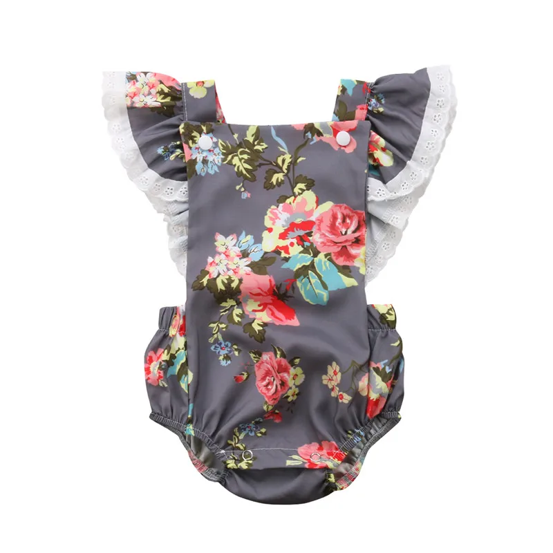 Newborn Baby Girls Flowers Lace Sleeveless Jumpsuit Bodysuits One