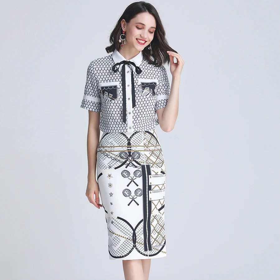 

AELESEEN 2019 New Runway Office Suits Women's Printed Bow Circle Blouse Shirts Tops + Plaid Medium Length Vintage Suits Set