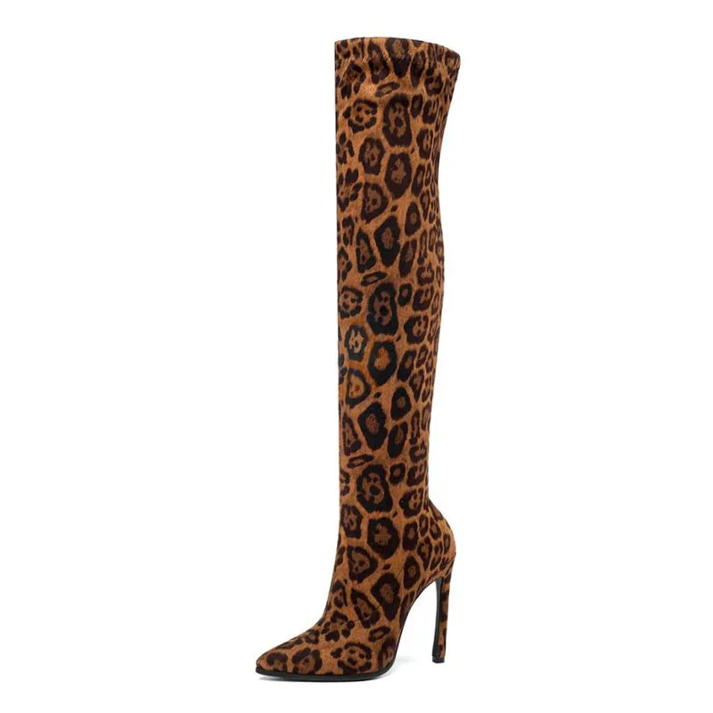 Taoffen/; женские высокие сапоги на высоком каблуке; женская обувь; пикантные леопардовые зимние женские сапоги выше колена с острым носком; размеры 34-43 - Color: leopard 1