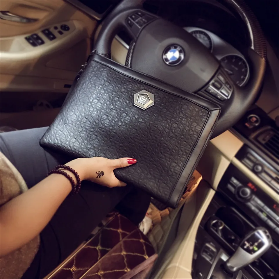 

ETONWEAG Fashion Split Leather Women Clutch Evening Envelope Bag Men Clutches Handbag Stone Grain Male Clutch Bag Metal Logo Bag