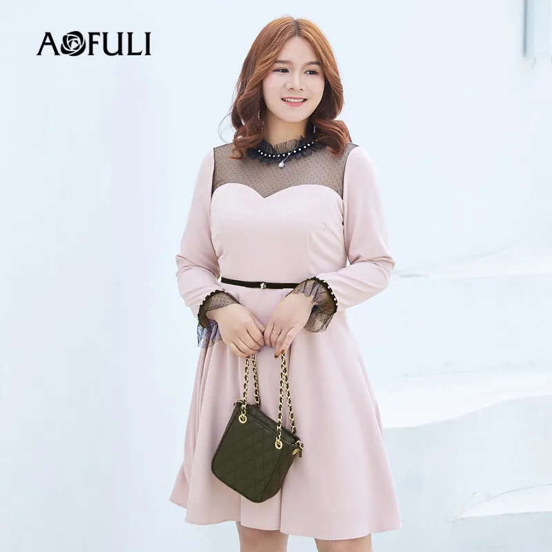 AOFULI L-XXXL 4XL 5XL женское платье больших размеров весна новые офисные женские туфли с длинным рукавом Розовые сетчатые Pathwork элегантные платья