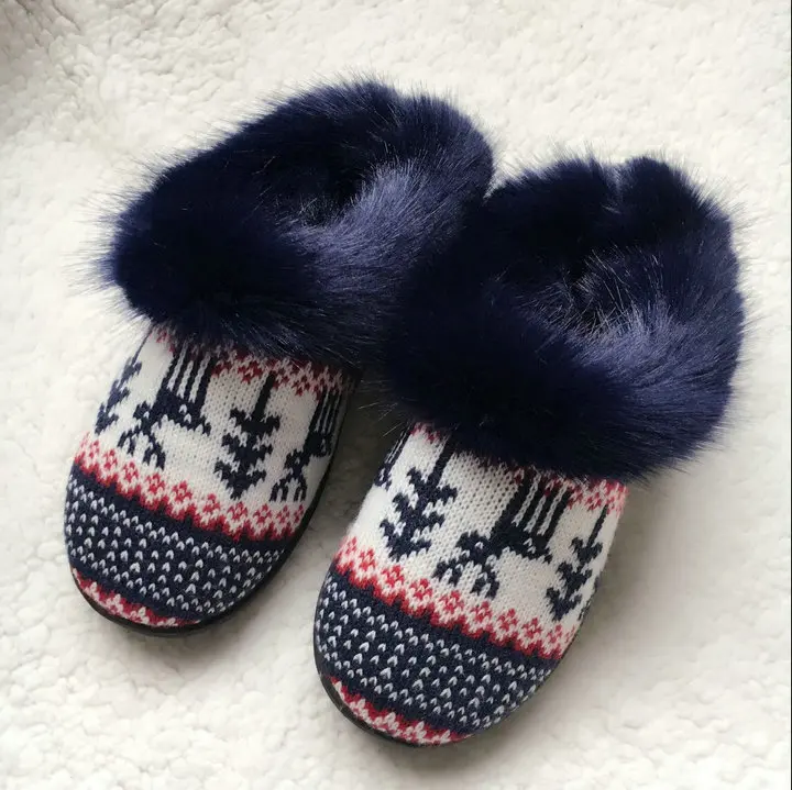 Women's Soft Yarn Cable Knitted Faux Fur Collar Slip On Slippers Memory Foam Anti-Skid Sole House Slipper Shoes (5)