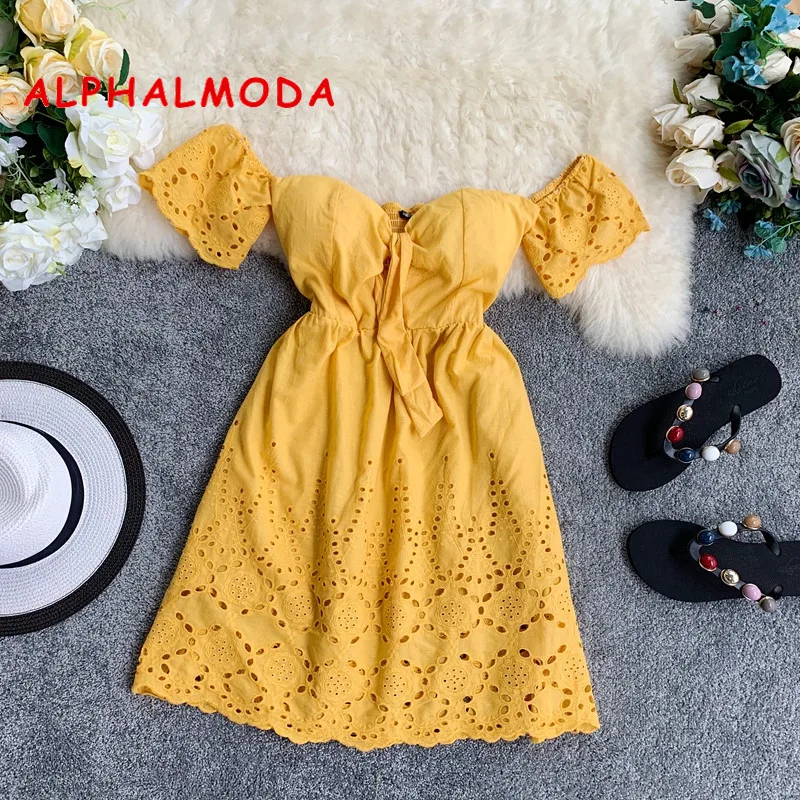 Женское пляжное мини платье ALPHALMODA желтое с подкладкой рукавами фонариками и