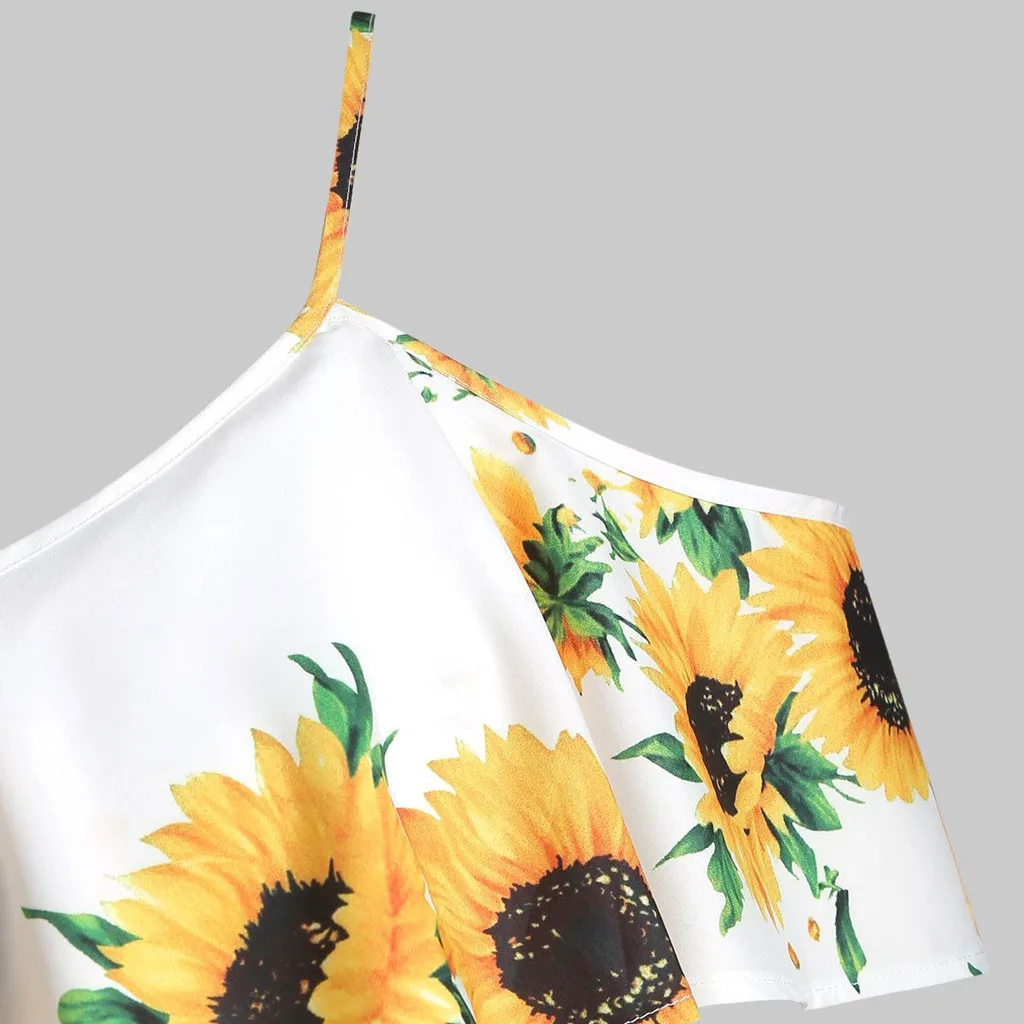 Женская блузка размера плюс с принтом подсолнуха, топики с коротким рукавом и оборками, блузка с открытыми плечами, женский топ и блузки с открытыми плечами