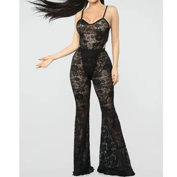 

Women Lace Crochet Nightwear Suits Swimwear Bathing Sleeveless Bodysuits +Sexy Long Pants