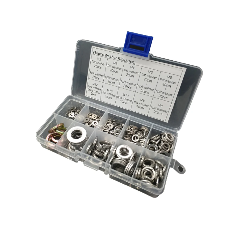 

265pcs Stainless Steel Flat Washer + Carbon Steel Split Washer Assortment Kits