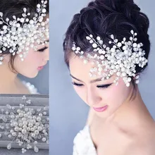 Hot Sell Luxury Silver Rhinestone Pearl Bridal Wedding Flower Headband Wedding Tiara Hair Jewelry Hair Clip Comb Women Jewelry