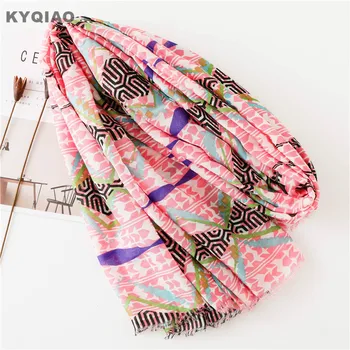 

KYQIAO women ethnic bohemian head scarf female autumn winter Spain style hippie boho pink print scarf muffler neckerchief