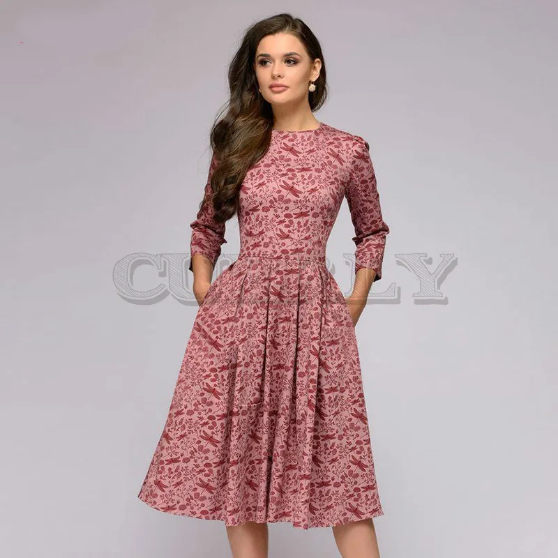 Image CUERLY Women Printing Slim A line Dress 2019 Spring Summer O neck Three Quarter Sleeve CUERLY Female Elegant Vintage Dress